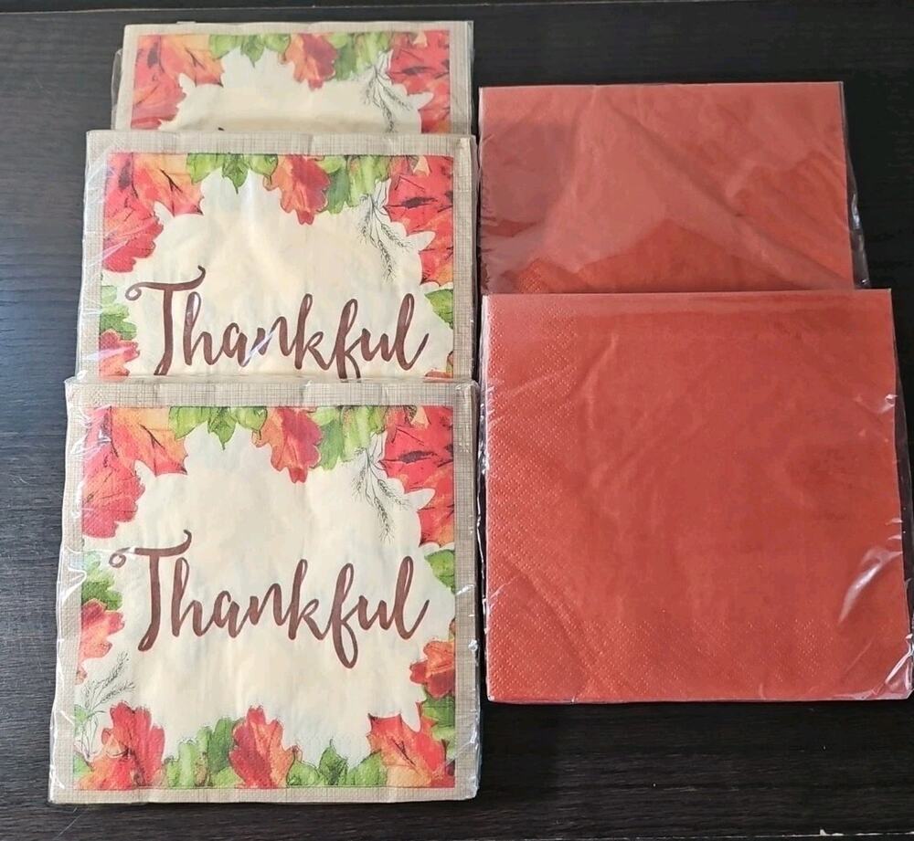 5 Packs of Thanksgiving Thankful Napkins 24 Per Pack Sealed Autumn Leaves
